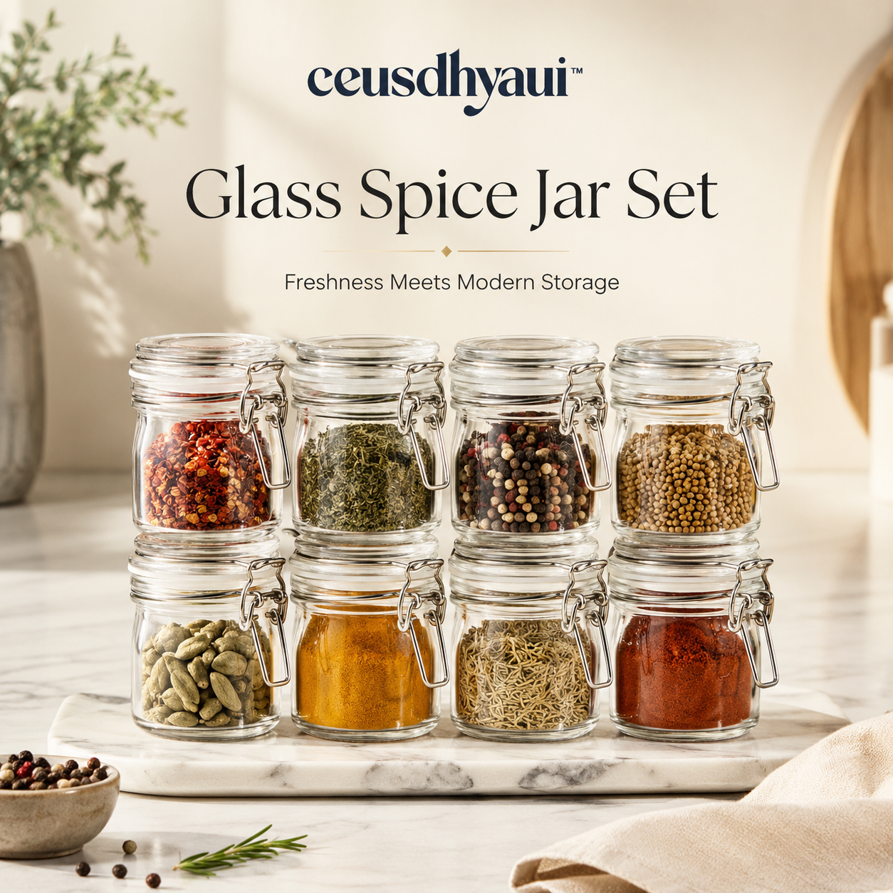 ceusdhyaui™ Glass Spice Jar Set | Airtight Spice Containers, Modern Pantry Storage, Herb & Seasoning Organizer